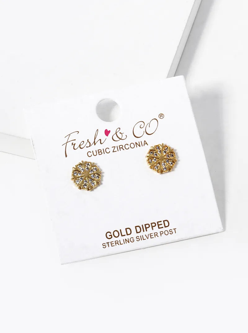 18K Gold Dipped CZ Pave Snowflake Stud Earrings