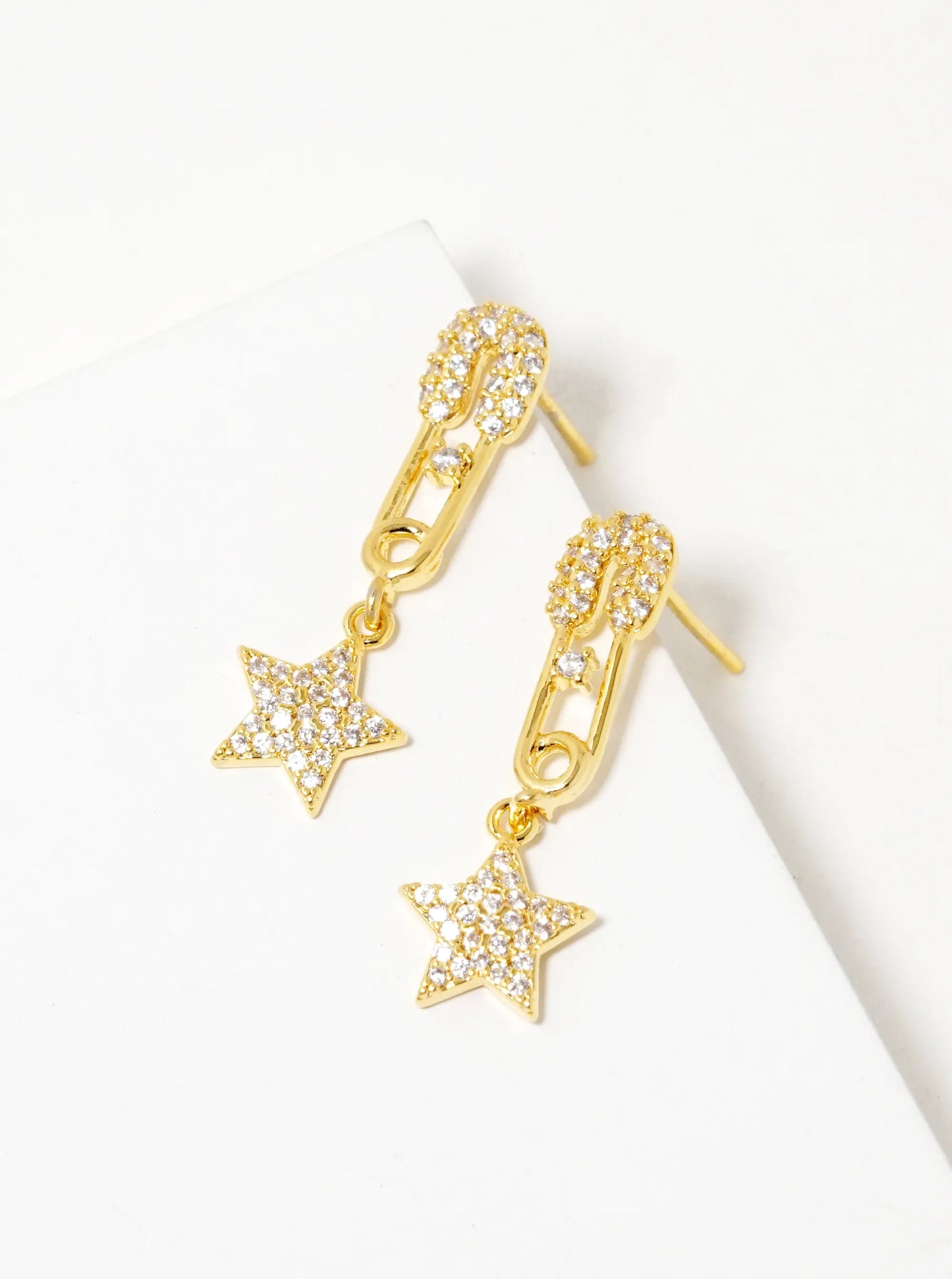 18K Gold Dipped CZ Pave Star Drop Safety Pin Stud Earrings
