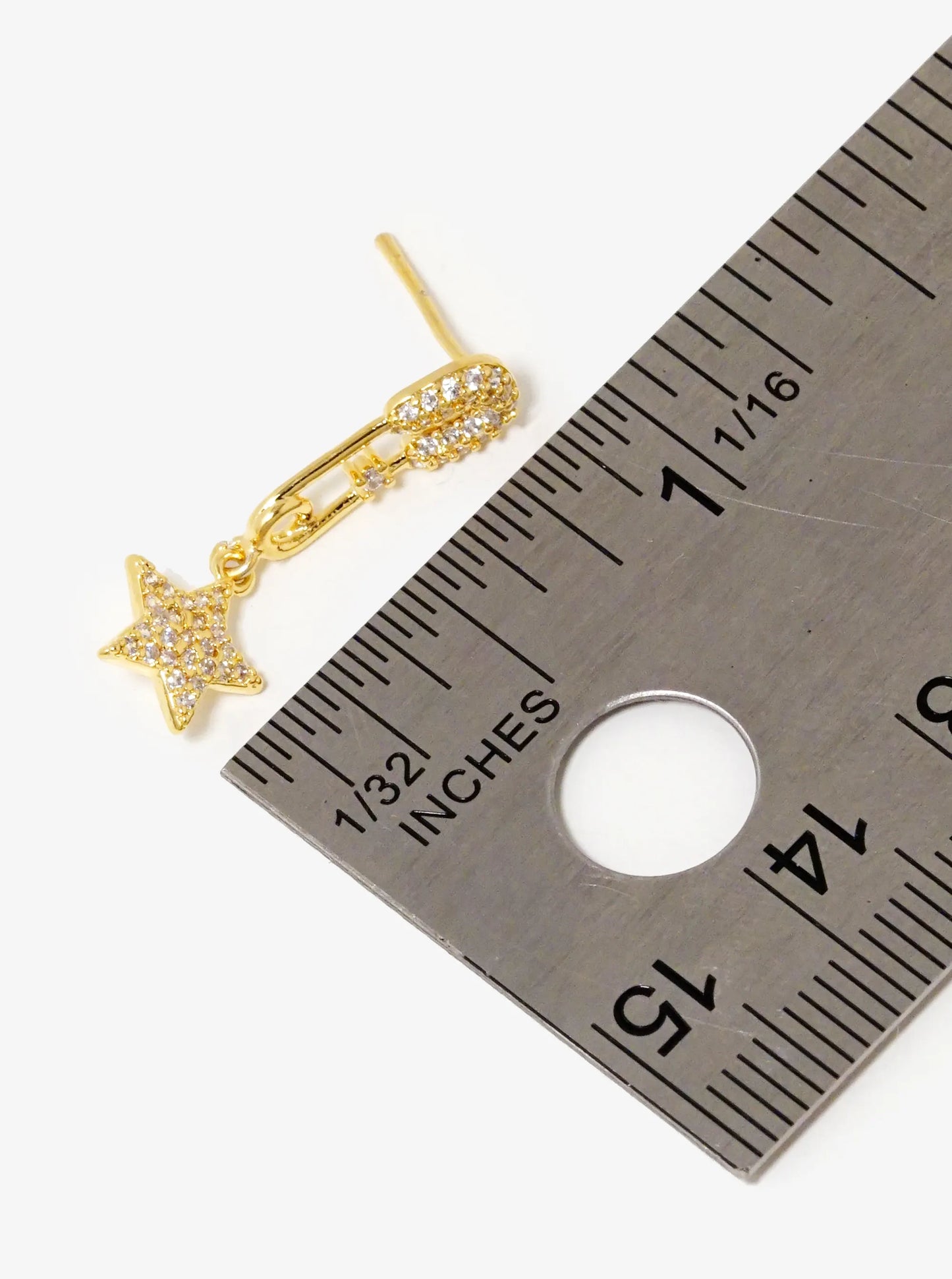 18K Gold Dipped CZ Pave Star Drop Safety Pin Stud Earrings
