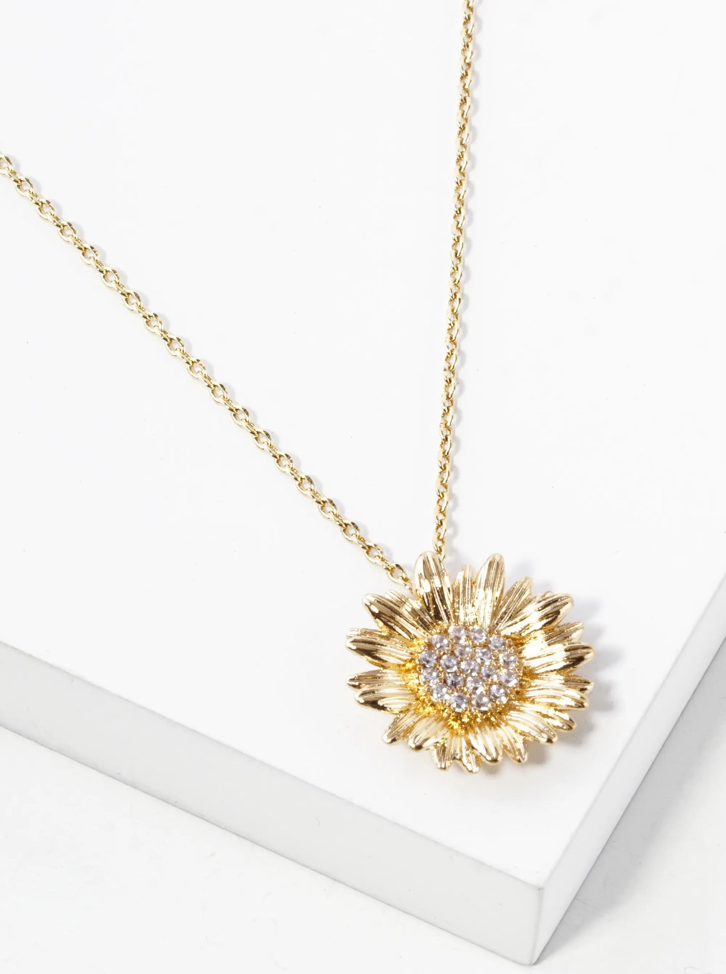 18K Gold Dipped CZ Pave Sunflower Pendant Necklace