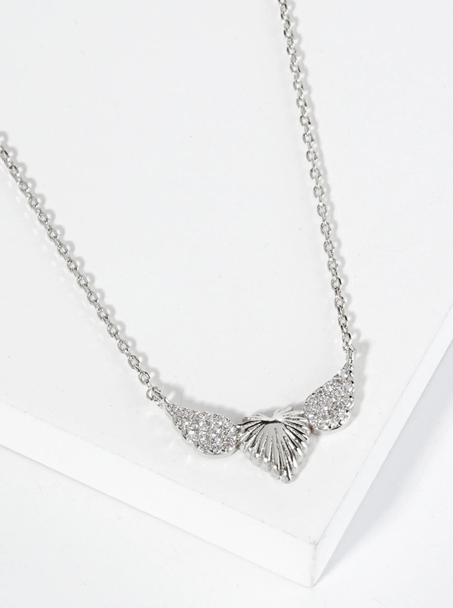 18K Gold Dipped CZ Pave Textured Heart With Wings Pendant Necklace