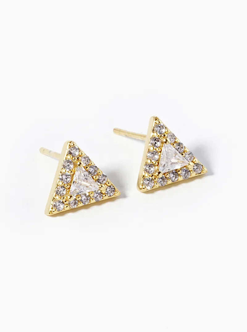 18K-Gold-Dipped CZ Pave Triangle Post Stud Earrings