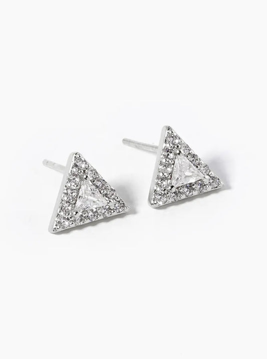 18K-Gold-Dipped CZ Pave Triangle Post Stud Earrings