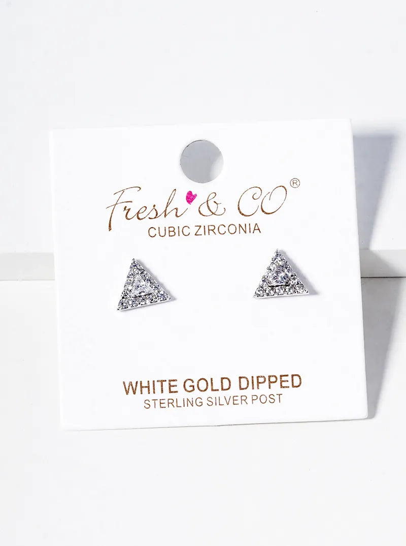 18K-Gold-Dipped CZ Pave Triangle Post Stud Earrings