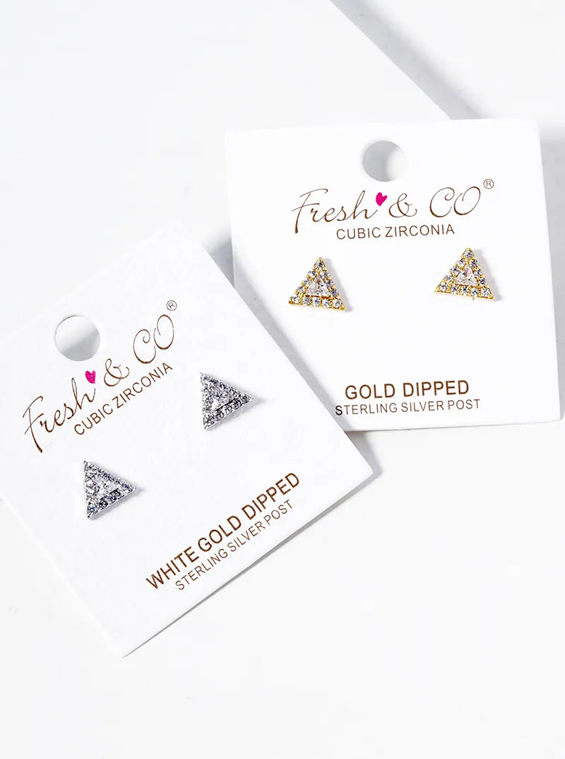 18K-Gold-Dipped CZ Pave Triangle Post Stud Earrings
