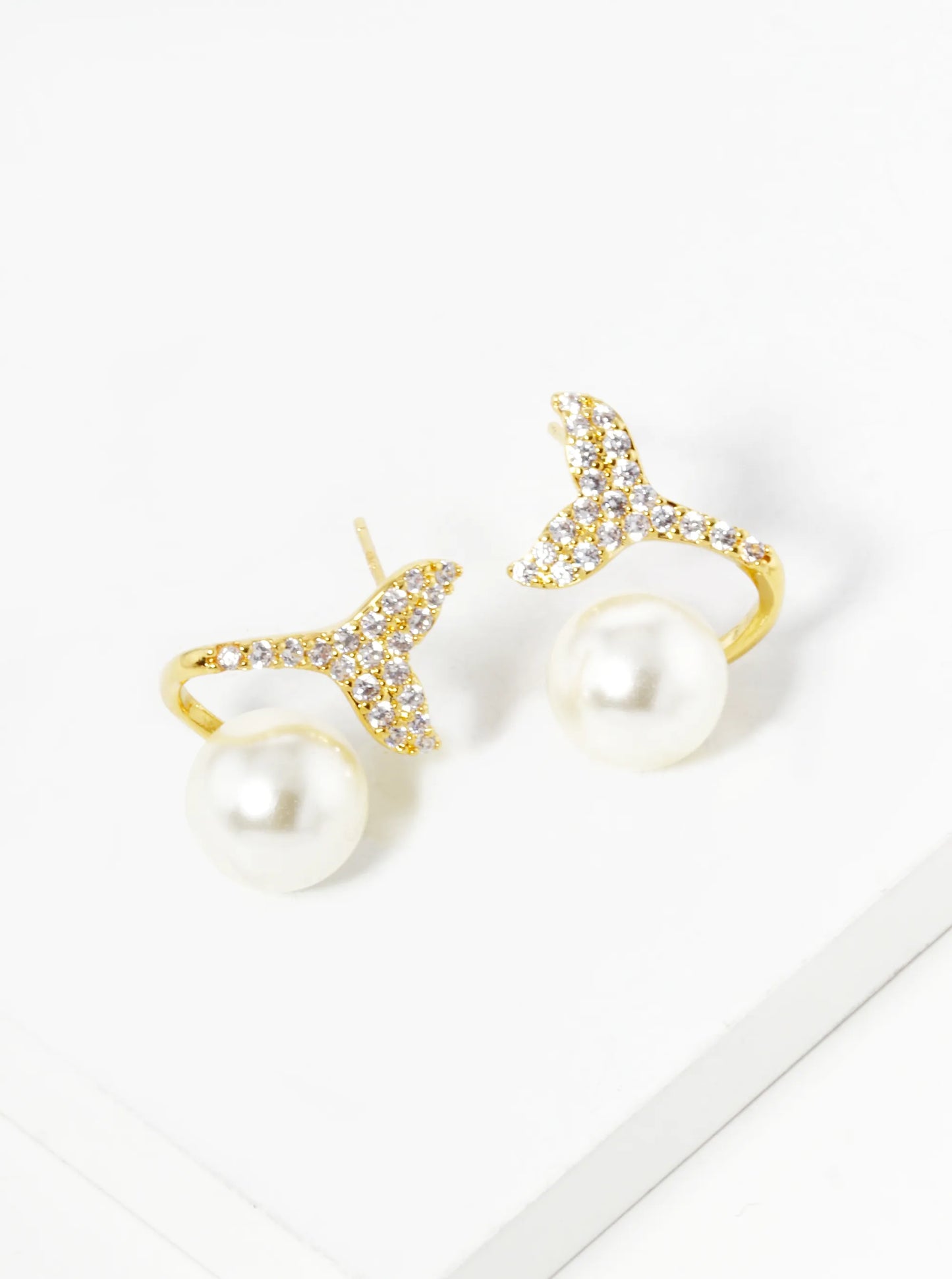 18K-Gold-Dipped CZ Pave Whale Tail With 10mm Pearl Stud Earrings