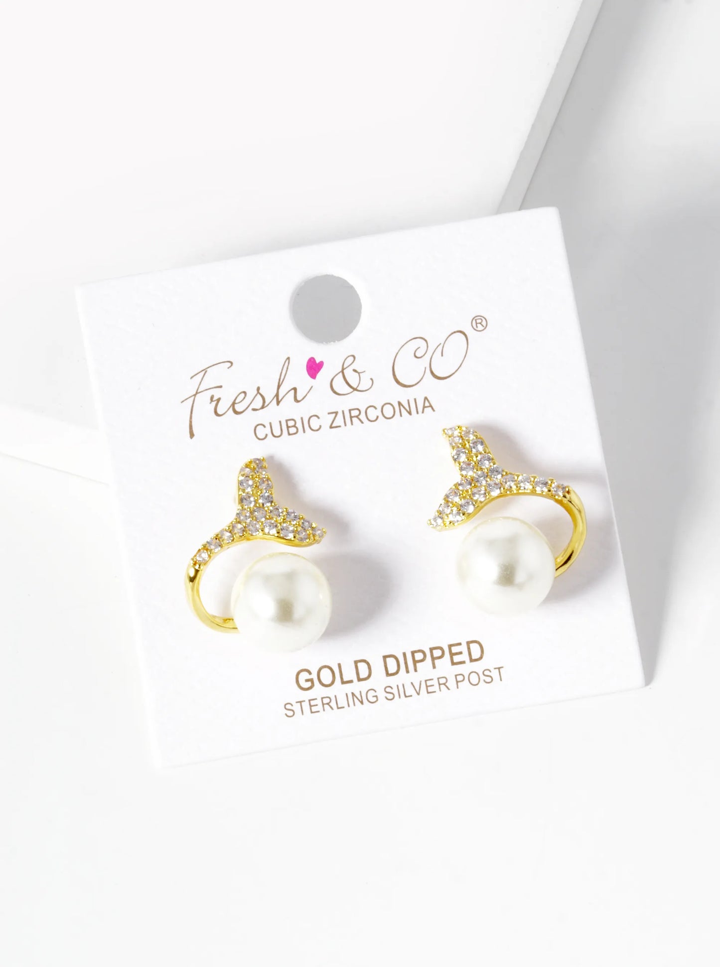18K-Gold-Dipped CZ Pave Whale Tail With 10mm Pearl Stud Earrings