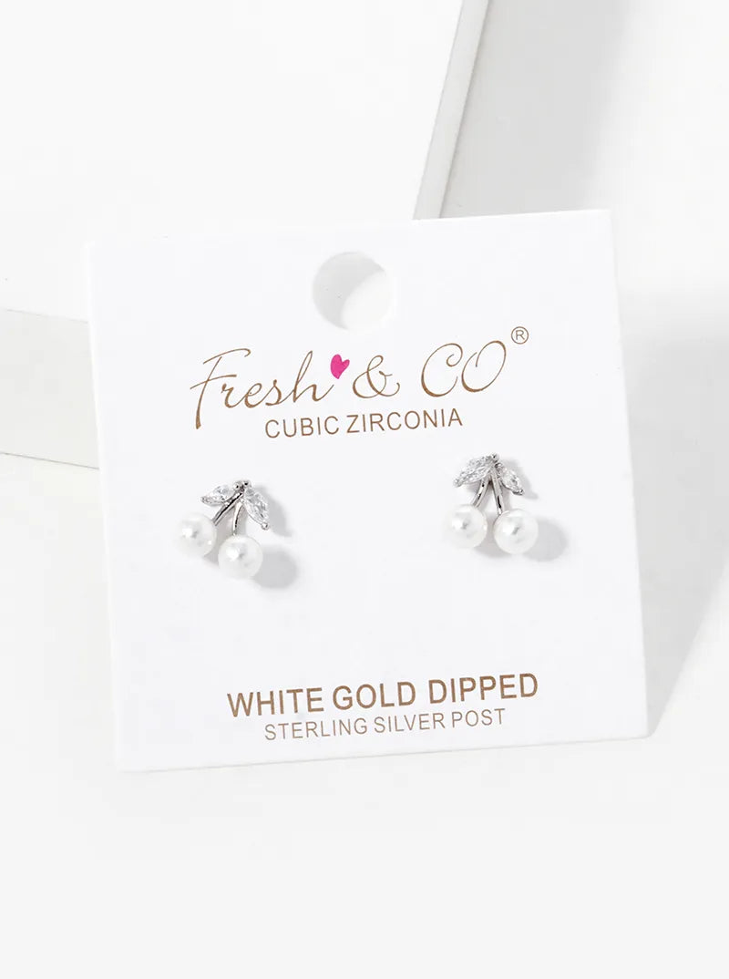 18K Gold Dipped CZ Pearl Dainty Cherry Stud Earrings