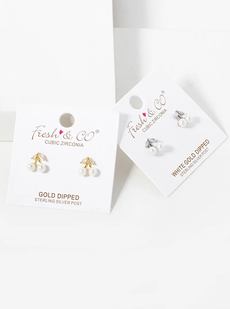 18K Gold Dipped CZ Pearl Dainty Cherry Stud Earrings