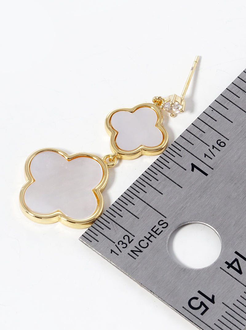 18K Gold Dipped CZ Stone Double Quatrefoil Drop Dangle Post Earrings