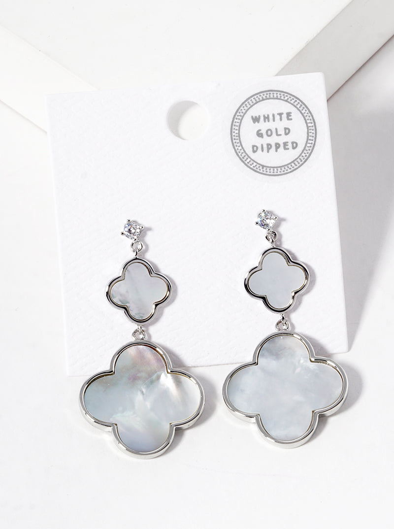 18K Gold Dipped CZ Stone Double Quatrefoil Drop Dangle Post Earrings