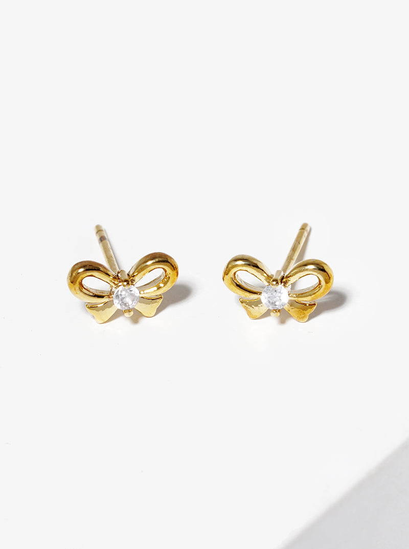 White Gold Dipped CZ Stone Ribbon Bow Post Stud Earrings