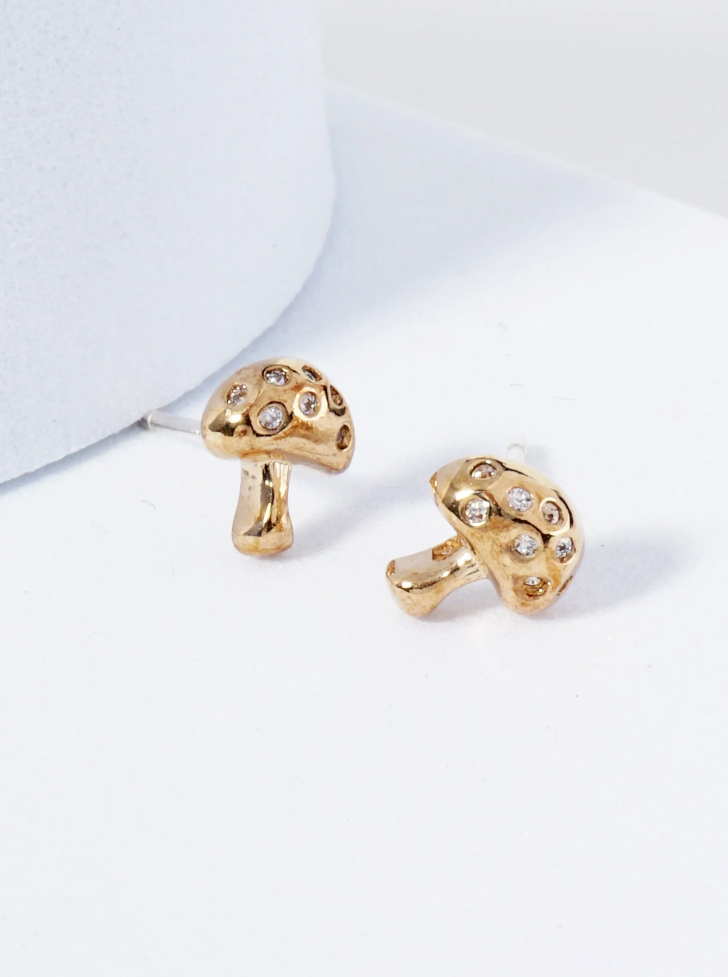 18K Gold Dipped CZ Studded Tiny Mushroom Stud Earrings