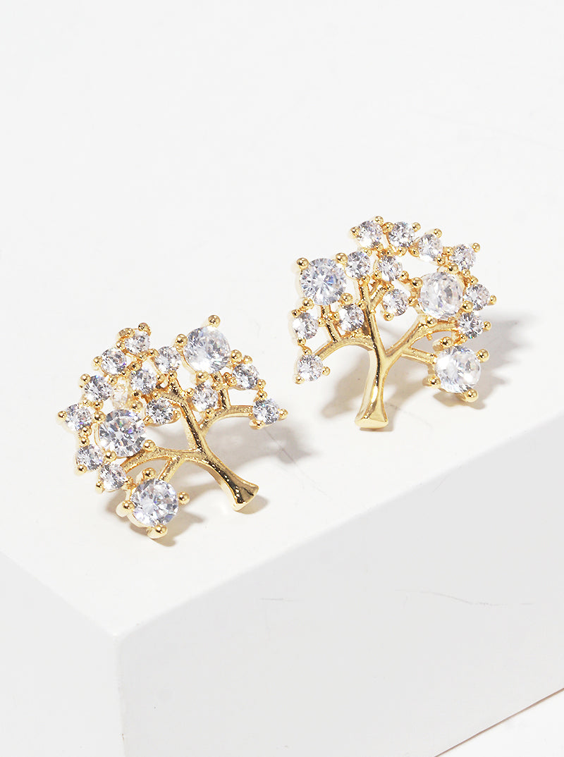 White Gold Dipped CZ Tree Of Life Stud Earrings