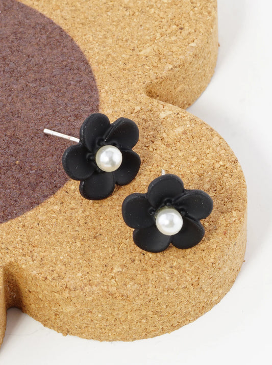 18K Gold Dipped Colorful 3D Flower 12mm Button Post Earrings With Pearl