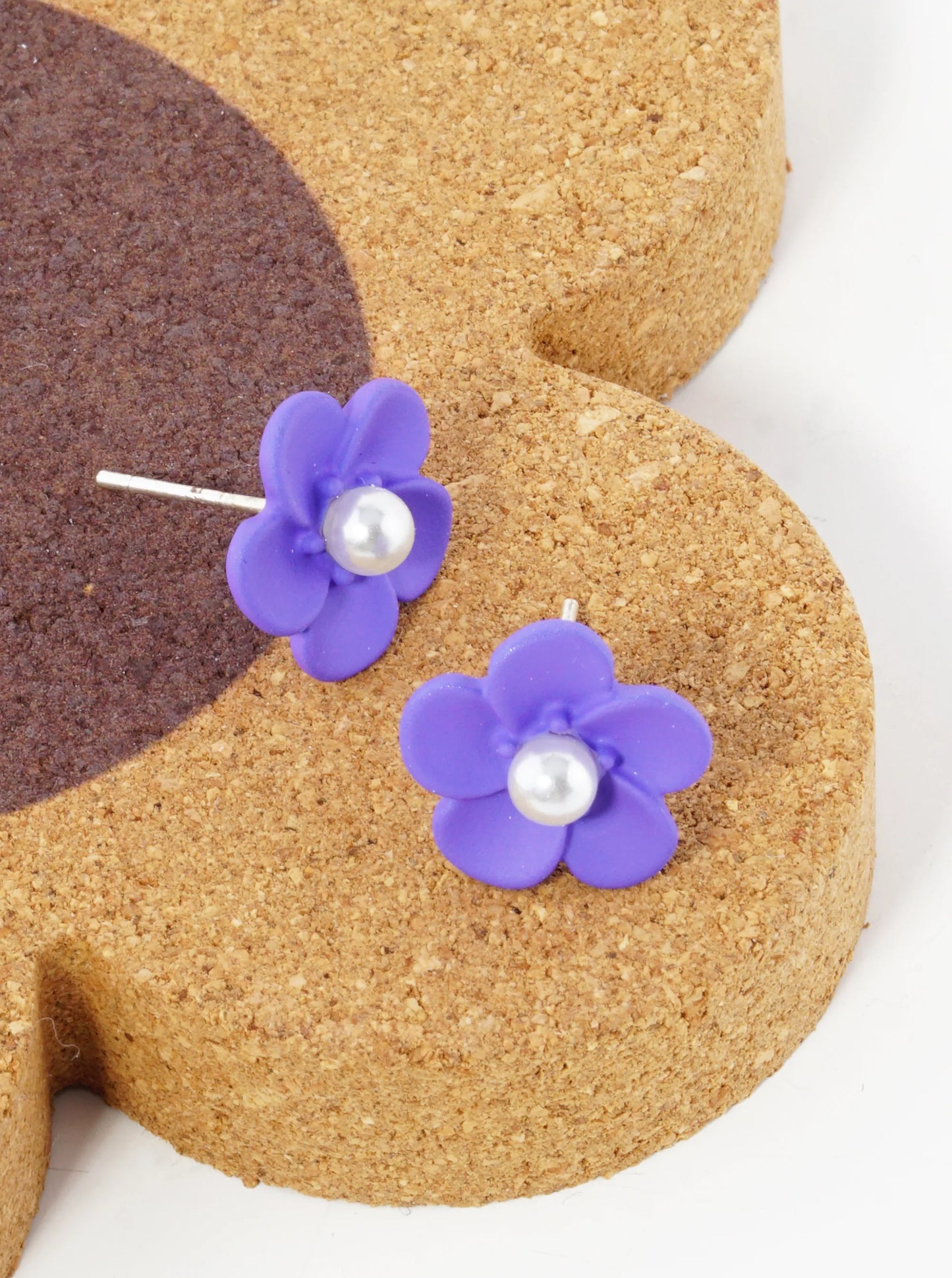 18K Gold Dipped Colorful 3D Flower 12mm Button Post Earrings With Pearl