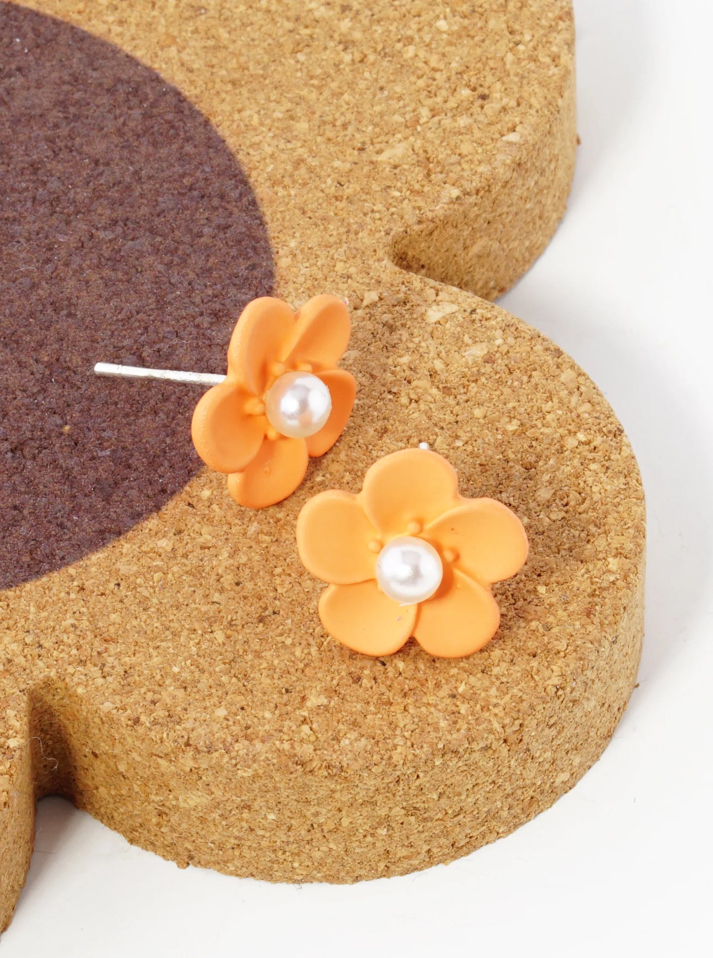 18K Gold Dipped Colorful 3D Flower 12mm Button Post Earrings With Pearl