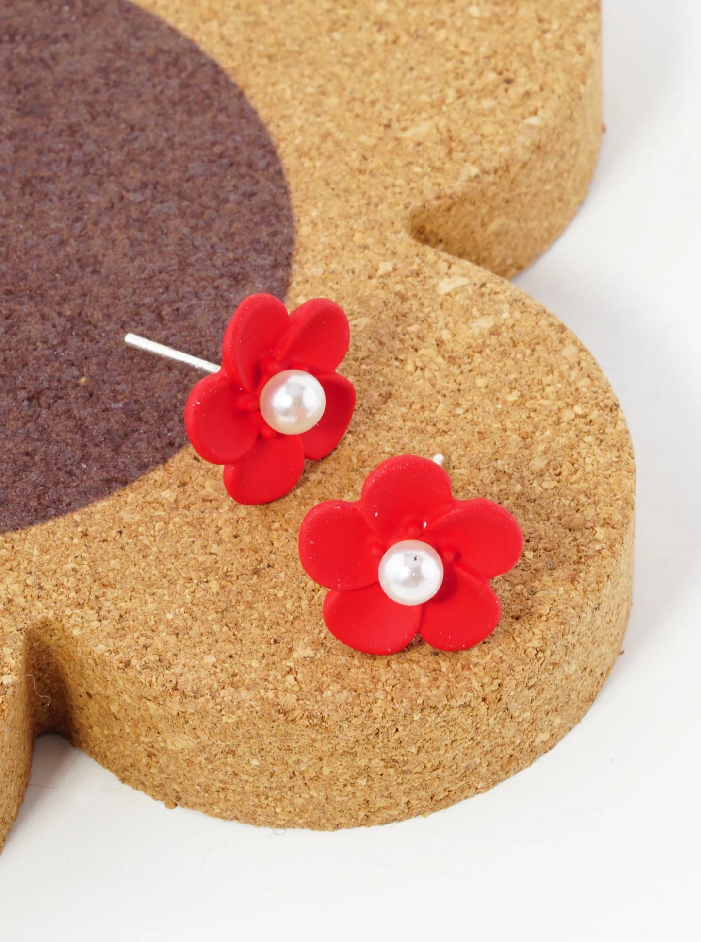 18K Gold Dipped Colorful 3D Flower 12mm Button Post Earrings With Pearl