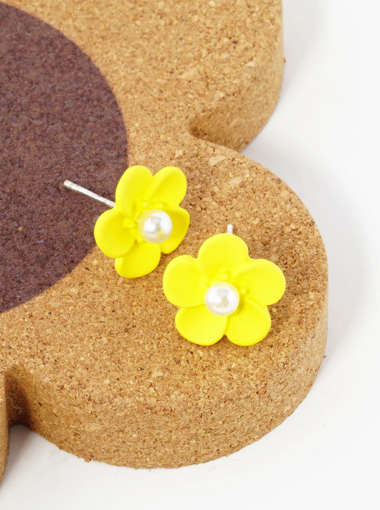 18K Gold Dipped Colorful 3D Flower 12mm Button Post Earrings With Pearl