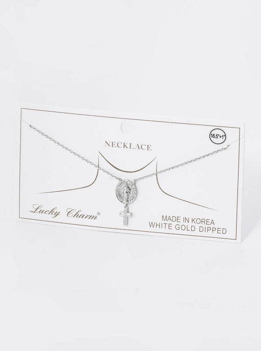 18K Gold Dipped Cross Drop Oval Miraculous Medal Religious Pendant Necklace