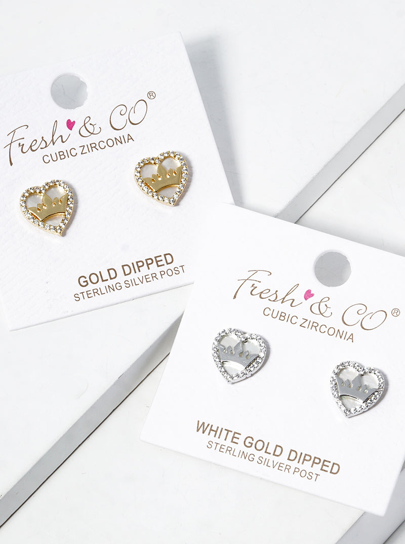 18K-Gold-Dipped Crown In CZ Pave MOP Heart Post Stud Earrings