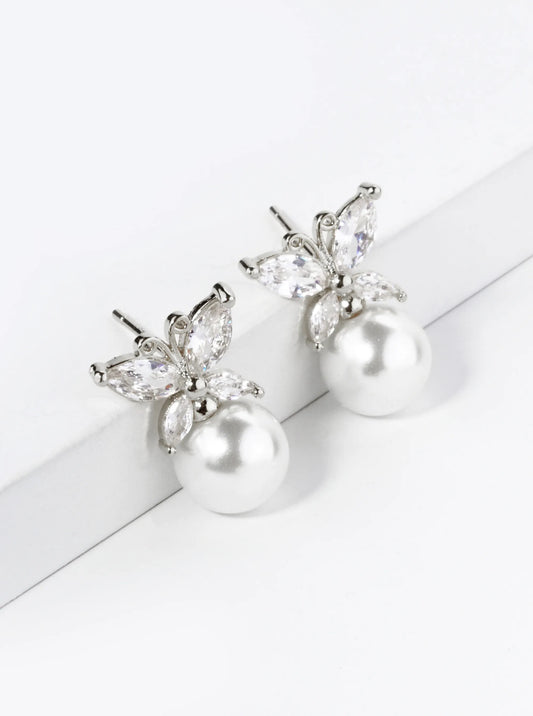 18K Gold Dipped Cubic Zirconia Butterfly Sitting On 8mm Pearl Stud Earrings