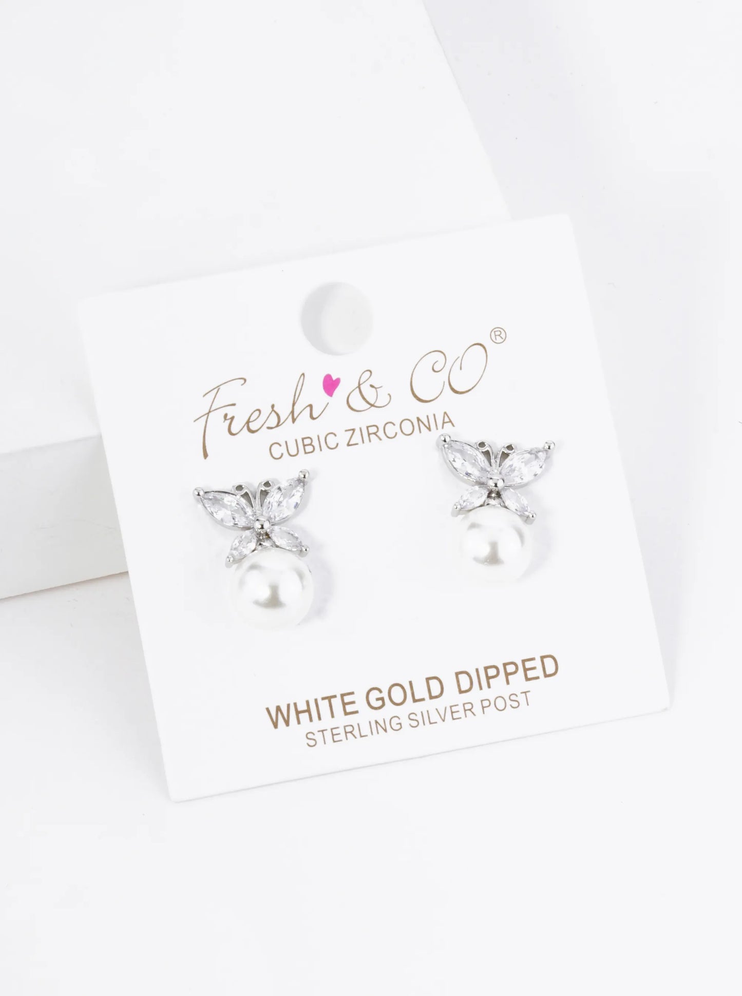 18K Gold Dipped Cubic Zirconia Butterfly Sitting On 8mm Pearl Stud Earrings