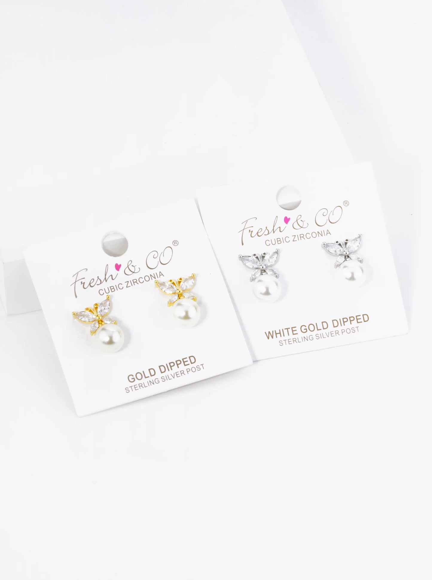 18K Gold Dipped Cubic Zirconia Butterfly Sitting On 8mm Pearl Stud Earrings
