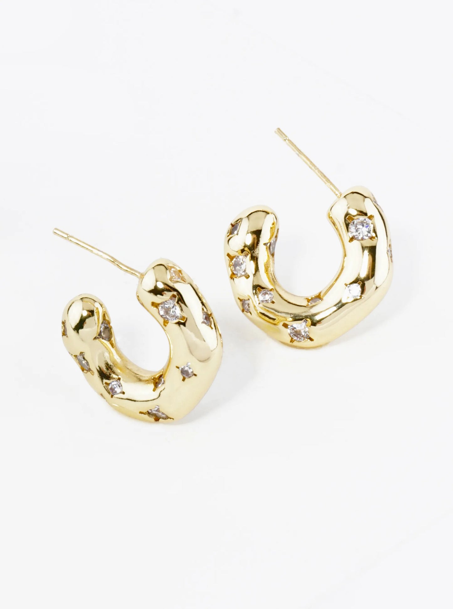 18K Gold Dipped Cubic Zirconia Embedded 15mm Organic Hoop Earrings