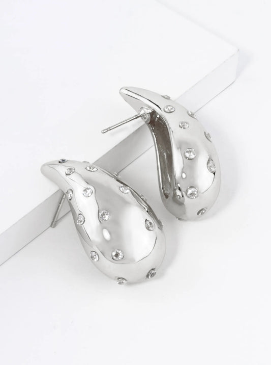 18K Gold Dipped Cubic Zirconia Embedded Puffy Teardrop Stud Earrings