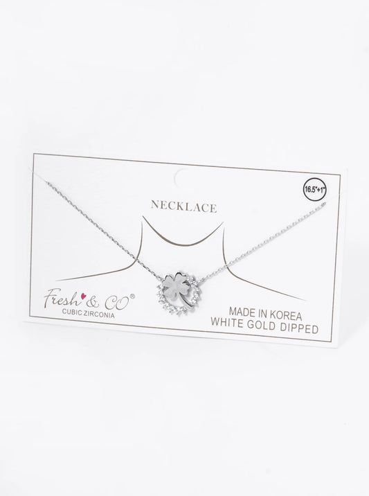 18K Gold Dipped Cubic Zirconia Pave Circle With Clover Pendant Necklace