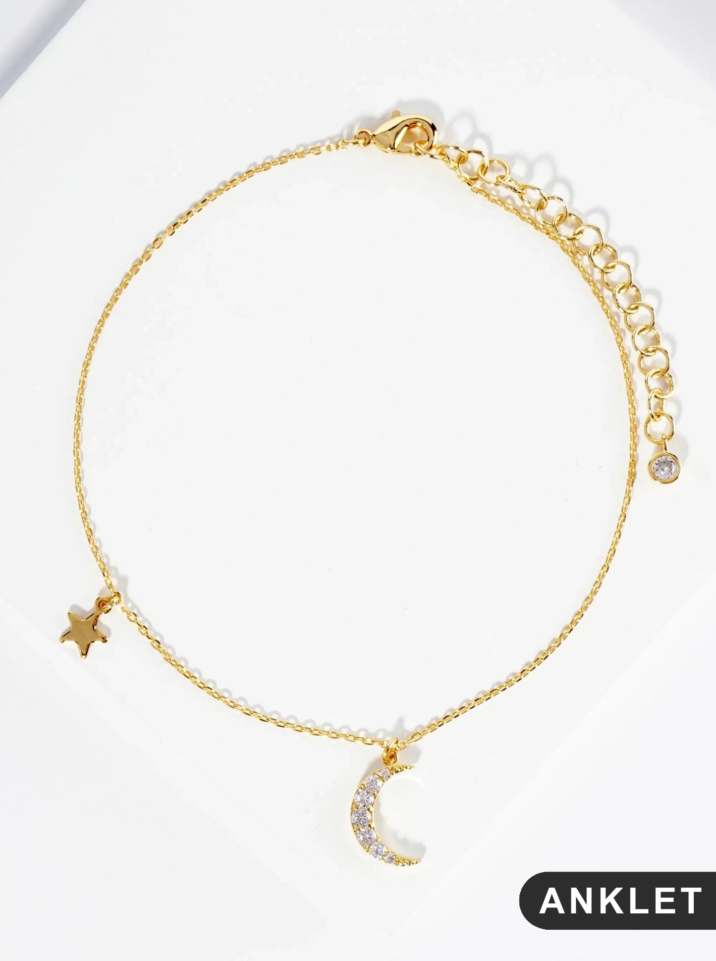 18K Gold Dipped Cubic Zirconia Pave Crescent Moon And Star Brass Chain Anklet