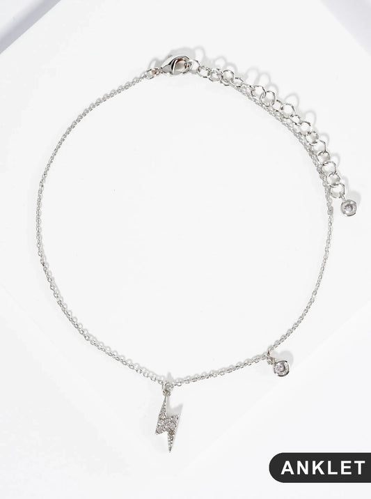 18K Gold Dipped Cubic Zirconia Pave Lightning Charm Brass Chain Anklet