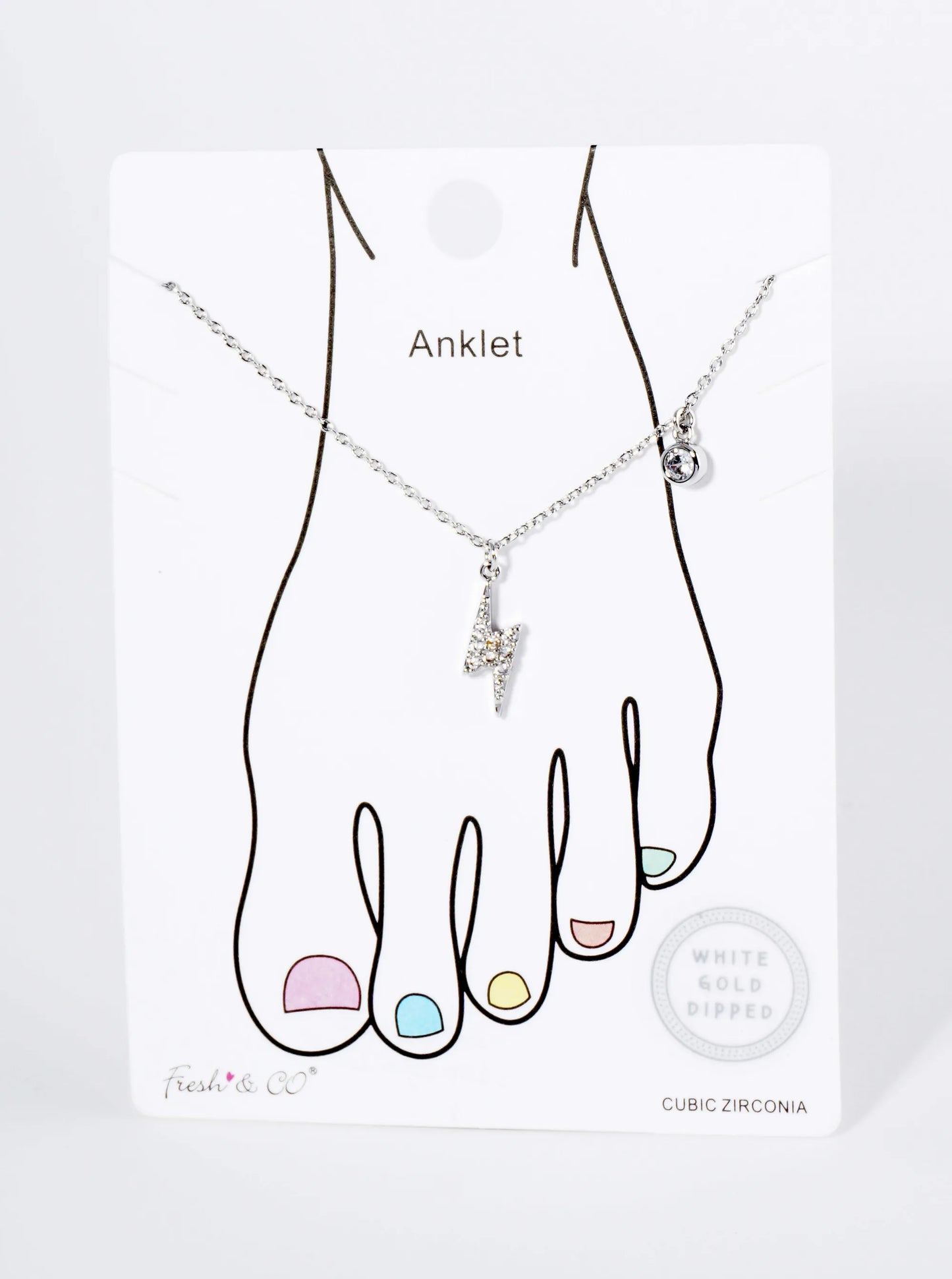 18K Gold Dipped Cubic Zirconia Pave Lightning Charm Brass Chain Anklet