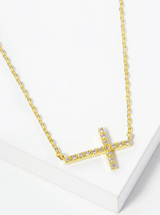 18K Gold Dipped Cubic Zirconia Pave Sideways Cross Pendant Necklace
