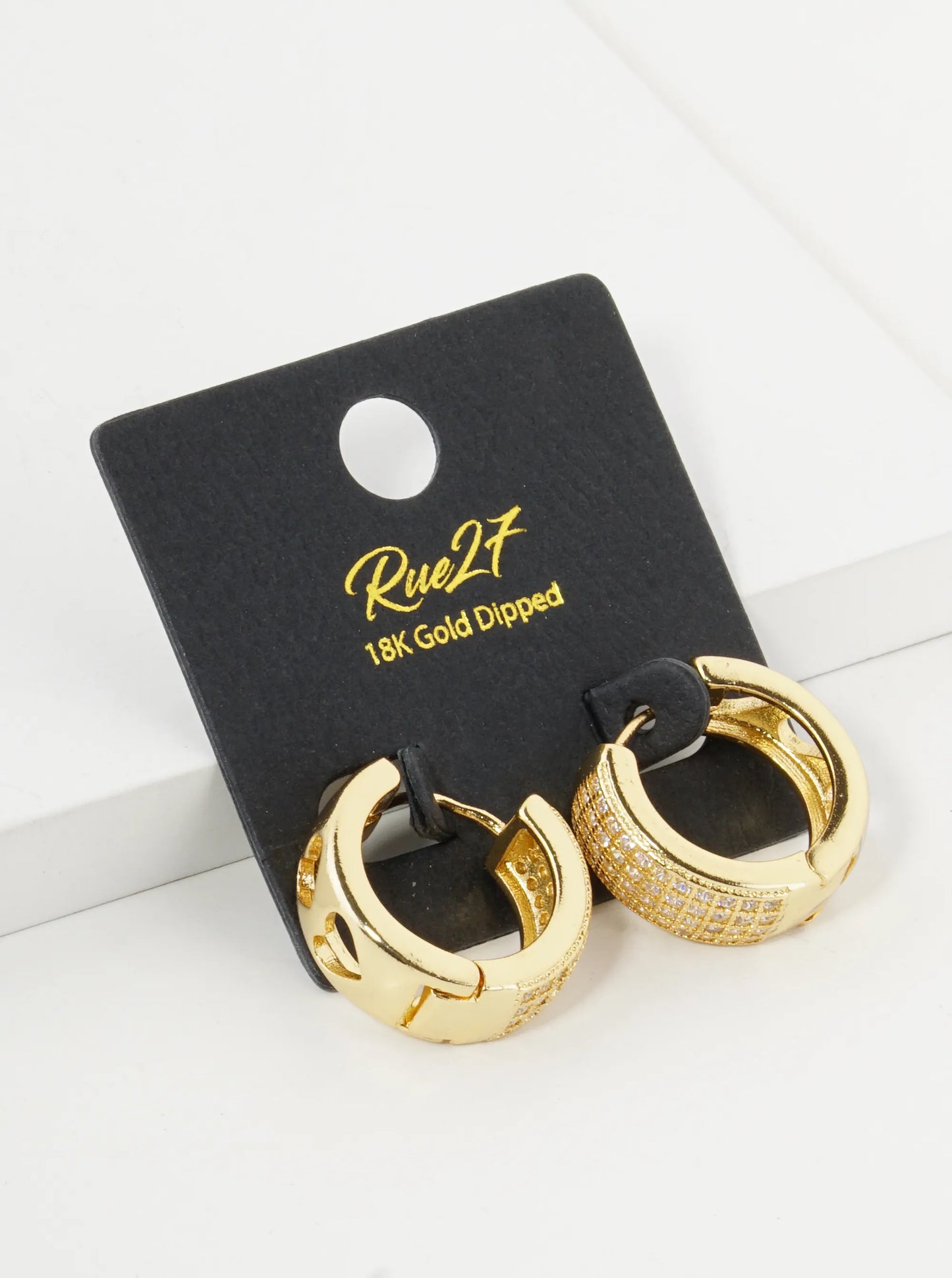 18K Gold Dipped Cubic Zirconia Pave Tailored Look 17mm Huggie Earrings