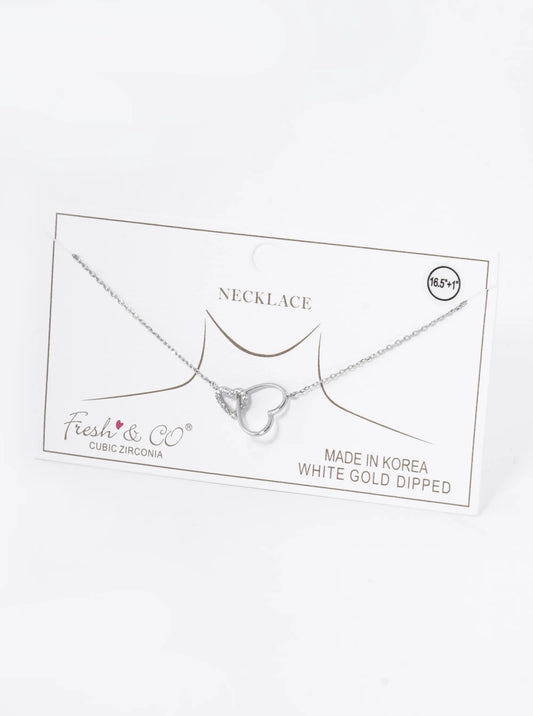 18K Gold Dipped Cubic Zirconia Pave Two Interlocking Hearts Pendant Necklace