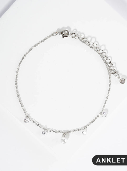 18K Gold Dipped Cubic Zirconia Pearl Bead Charm Brass Chain Anklet