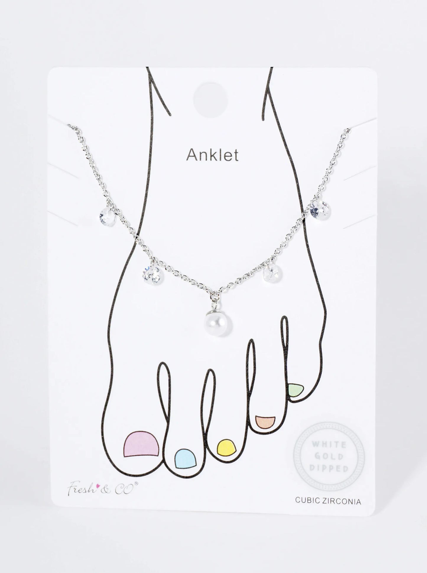 18K Gold Dipped Cubic Zirconia Pearl Bead Charm Brass Chain Anklet