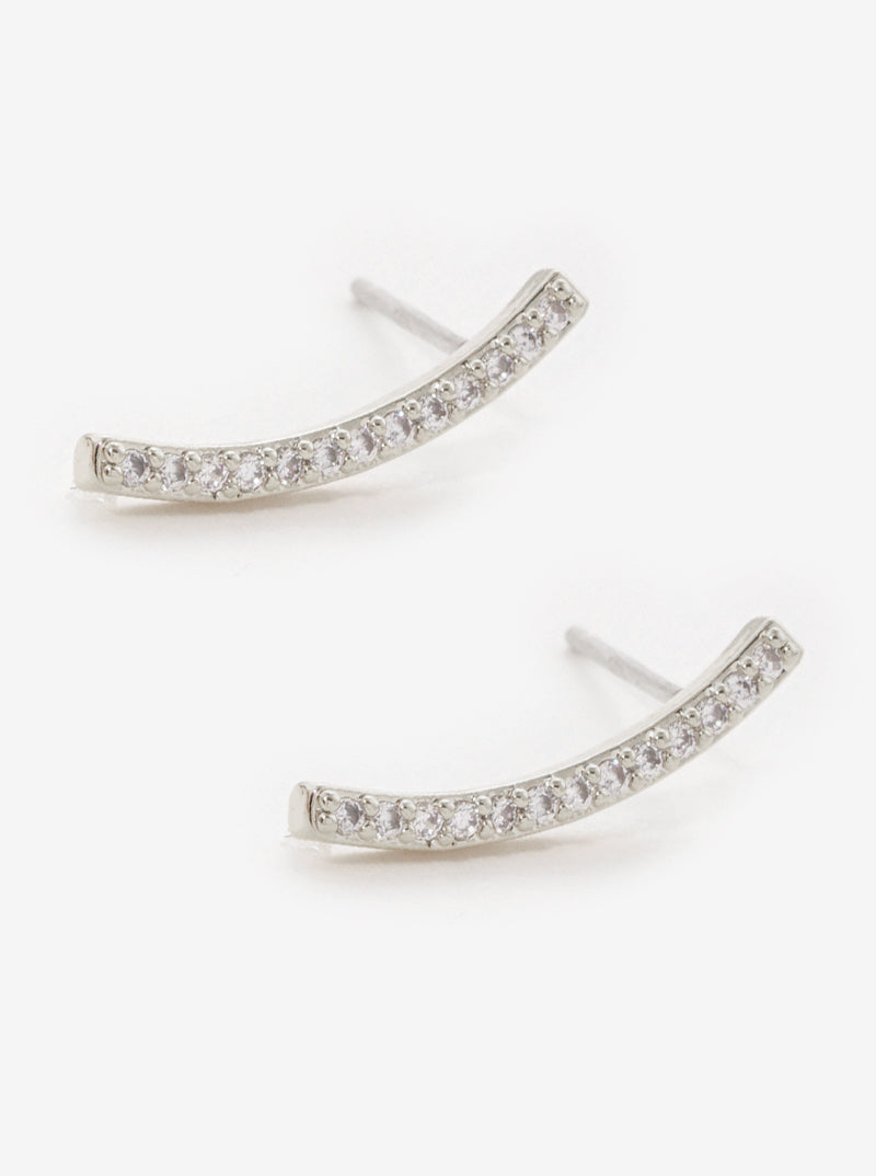 18K Gold Dipped Curved Bar CZ Sterling Silver Post Stud Earrings
