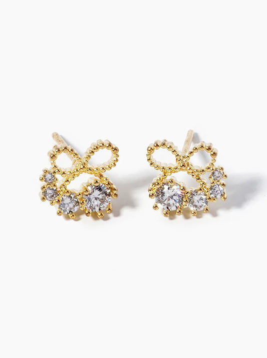18K-Gold-Dipped Delicate Ribbon Bow With Graduated CZ Stones Stud Earrings