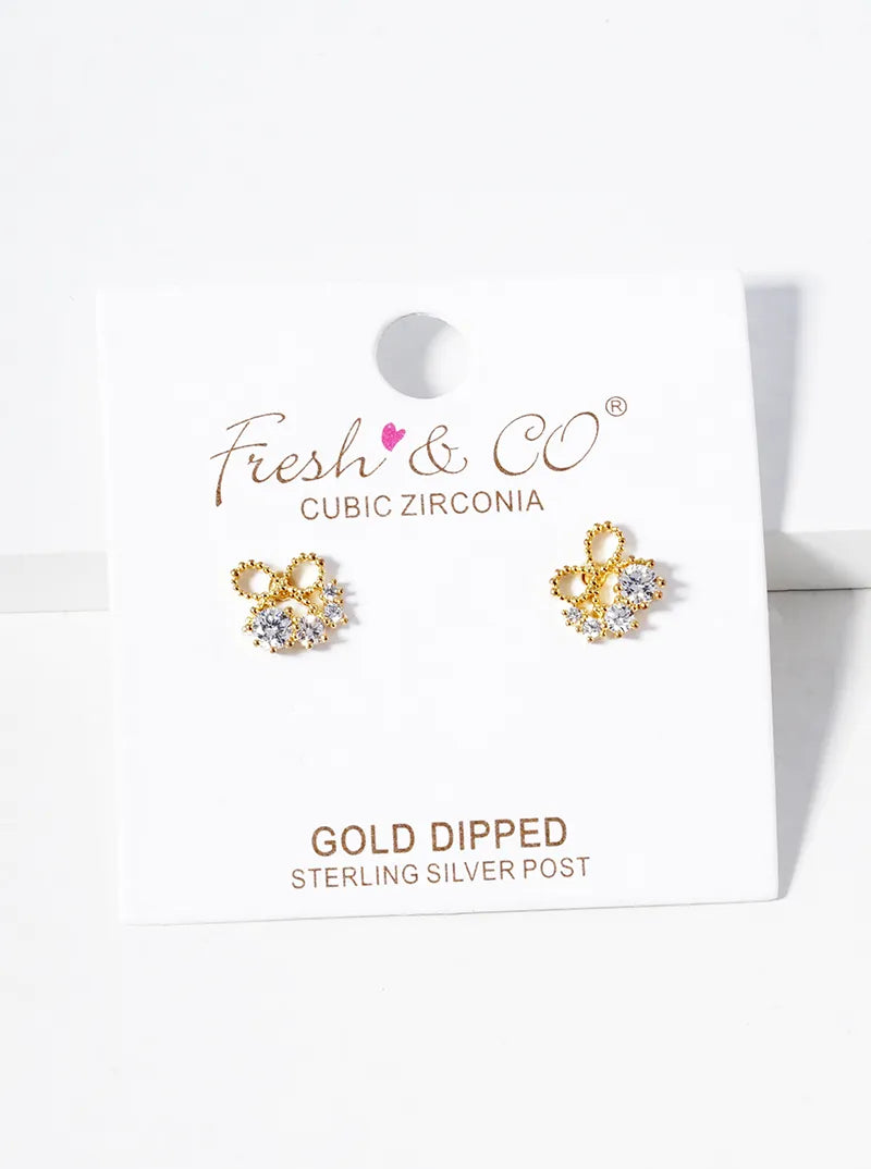 18K-Gold-Dipped Delicate Ribbon Bow With Graduated CZ Stones Stud Earrings