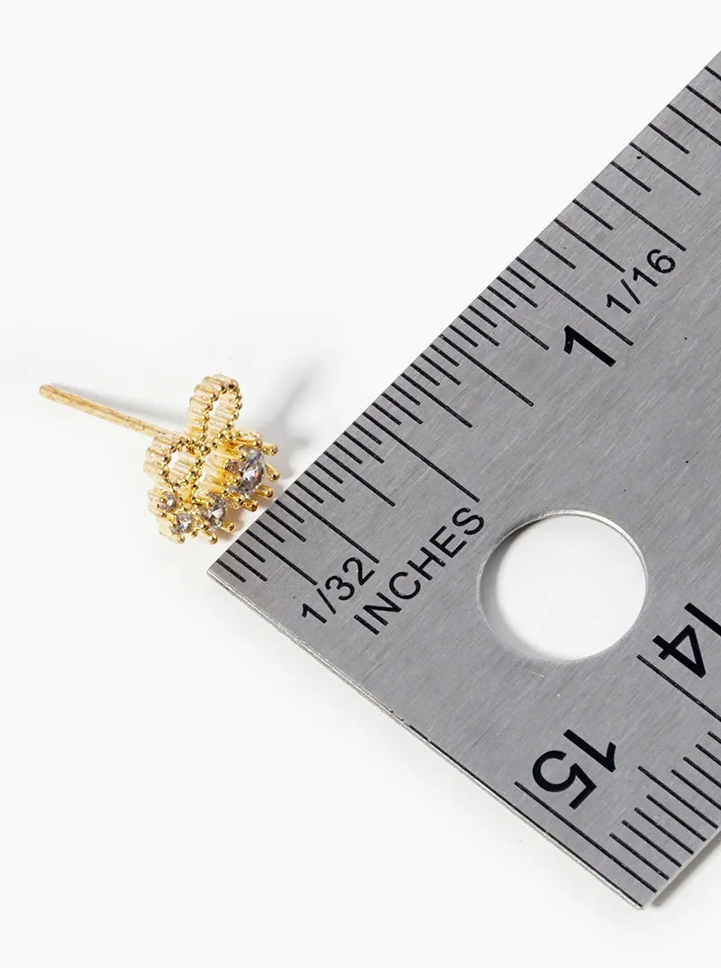18K-Gold-Dipped Delicate Ribbon Bow With Graduated CZ Stones Stud Earrings