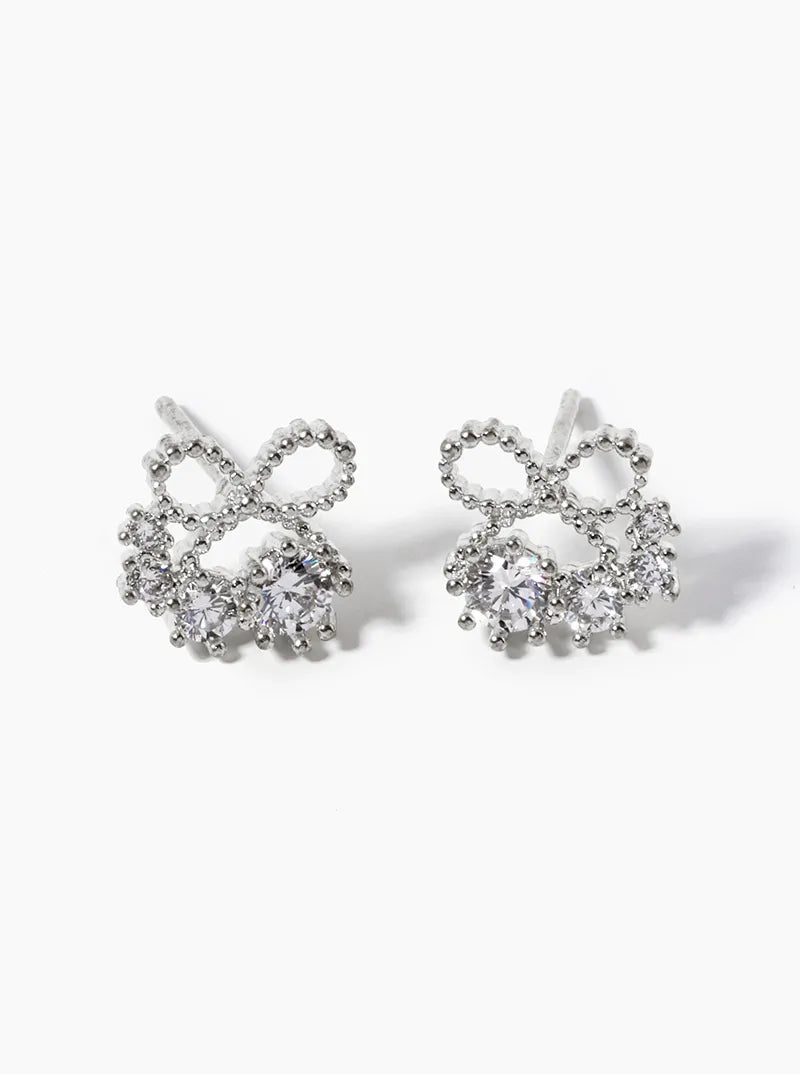 18K-Gold-Dipped Delicate Ribbon Bow With Graduated CZ Stones Stud Earrings