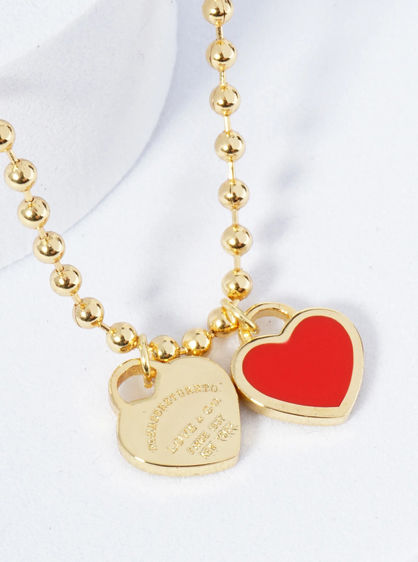 18K Gold Dipped Enamel Filled Double Heart Pendant Ball Chain Necklace