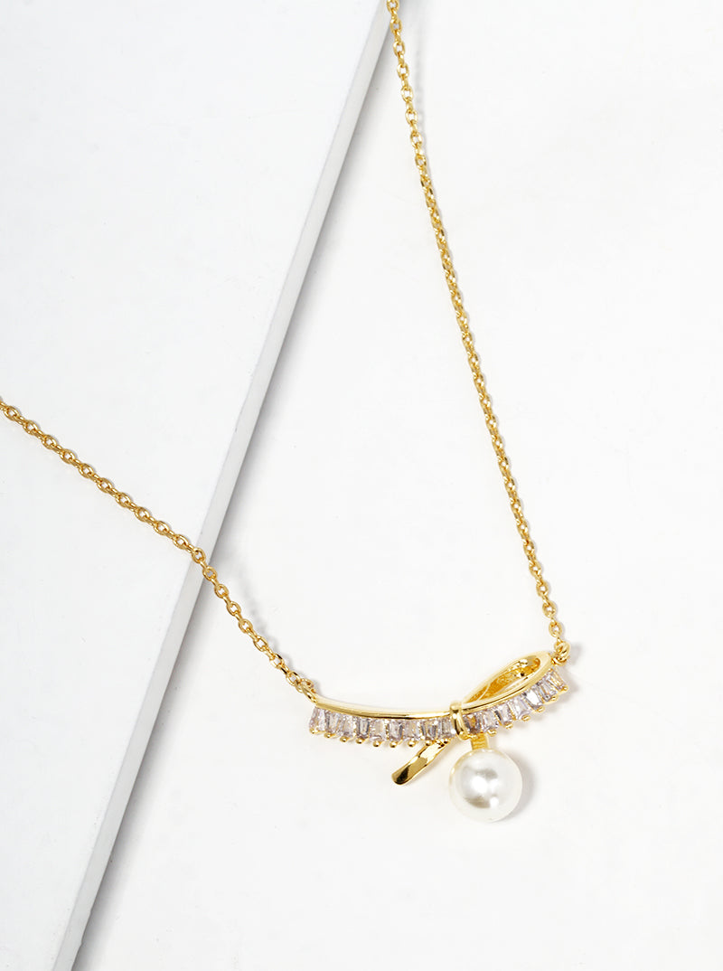White Gold Dipped Glass Pearl CZ Pave Ribbon Bow Pendant Necklace