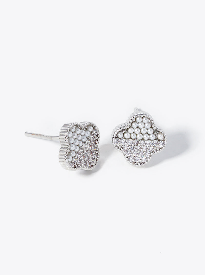 18K Gold Dipped Half Pearl Beads Half Micro Pave Set Cubic Zirconia 8mm Quatrefoil 925 Sterling Silver Post Stud Earrings