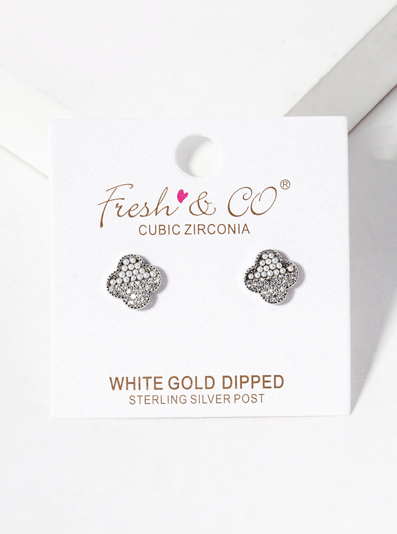 18K Gold Dipped Half Pearl Beads Half Micro Pave Set Cubic Zirconia 8mm Quatrefoil 925 Sterling Silver Post Stud Earrings