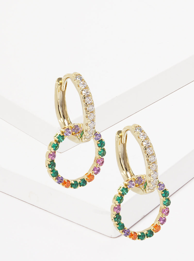 18K Gold Dipped Interlocking Double Round 12mm CZ Pave Huggie Hoop Earrings Gold-Multi