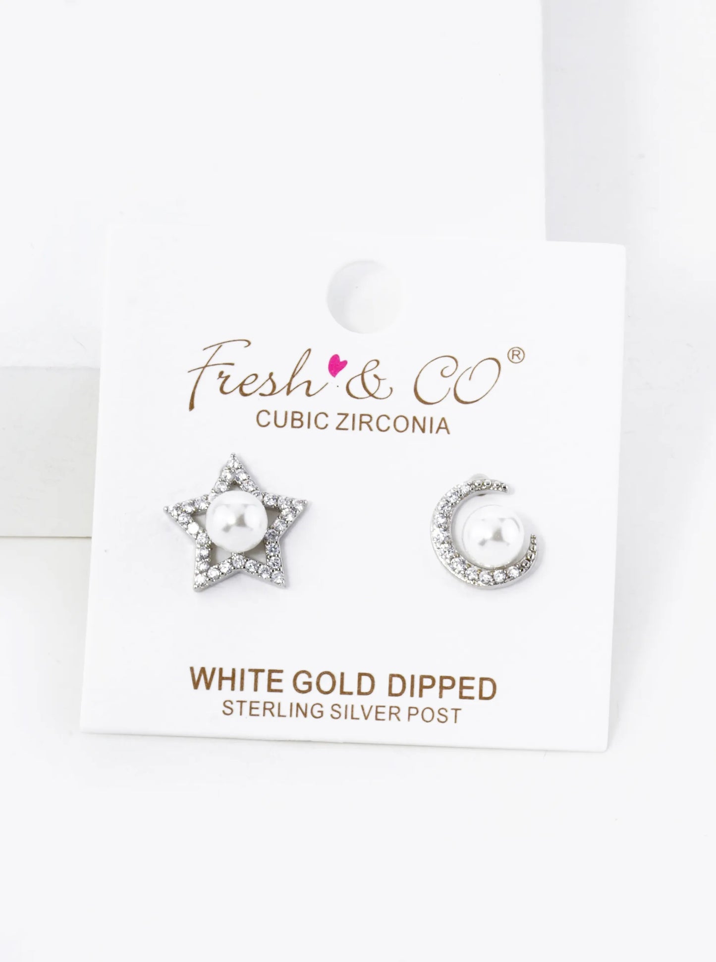 18K Gold Dipped Micro Pave Cubic Zirconia With Pearl Star And Moon Asymmetrical Stud Earrings